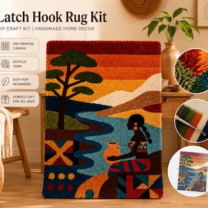 Op de afbeelding: Een knooppakket voor een vloerkleed met een landschapsontwerp met een boom, een rivier en een persoon die een vat vasthoudt. De set bevat een voorbedrukt canvas, acrylgaren en een knoophaak. Het voltooide kleed toont levendige rode, oranje, gele, blauwe en groene kleuren in een geometrisch en scenisch patroon.