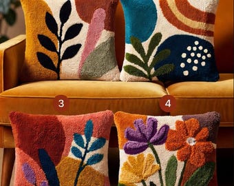 Kit para almofada de crochê com estampa botânica abstrata, estilo boho com folhas e flores, faça você mesmo, estilo meados do século XX.