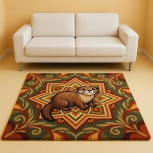 May include: A rectangular rug featuring a cartoon otter in shades of brown, set against a geometric starburst pattern in green, orange, and yellow. The rug is placed in front of a white sofa.