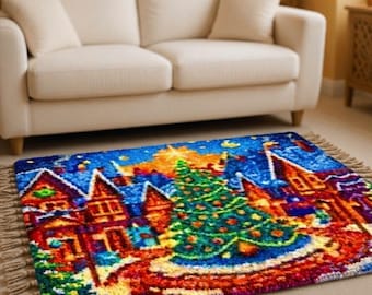 Christmas Village Latch Hook Rug Kit, Winter Scene DIY Carpet, Beginner Craft Home Decor