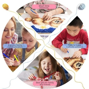 May include: A colorful image showing four people of different ages working on a craft project. The image is divided into four sections, each with a different caption. The captions are: "Short time 6-8 hours", "Improve family communication", "Easy to make Cultivate patience", and "Best gift for Family and friends".