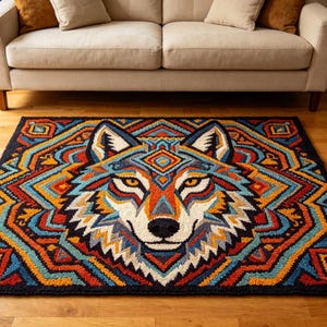 Tribal Wolf Latch Hook Rug Kit | Colorful Boho Southwest Geometric Area Rug