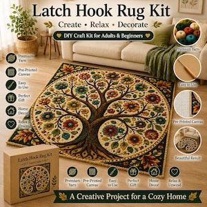 May include: A latch hook rug kit featuring a square rug with a central tree of life design in shades of red, blue, and yellow on a dark green background. The kit includes a cardboard box, bundles of yarn, a latch hook tool, and pre-printed canvas.