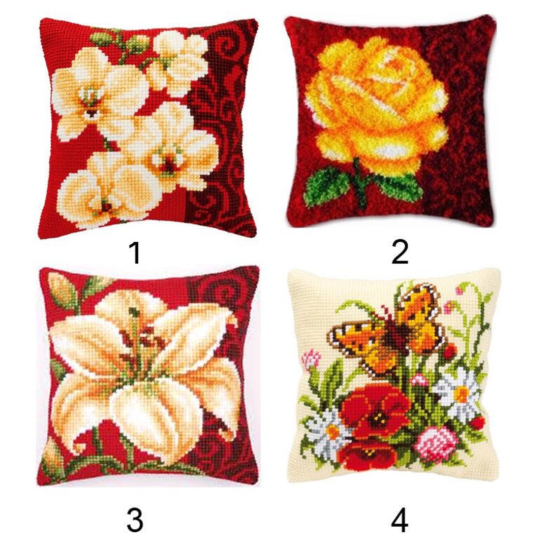 Latch Hook Kits Make Your Own Cushion Red Flower Preprinted Canvas