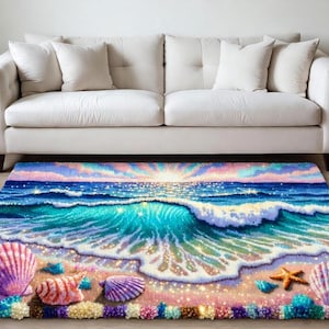 Könnte beinhalten: Ein rechteckiger Teppich mit einer Strandlandschaft mit türkisfarbenem Ozean, schäumenden Wellen und einem Sonnenuntergang. Muscheln und ein Seestern liegen am Strand. Der Teppich liegt vor einem weißen Sofa.