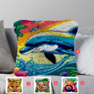 Kits de ganchillo con aguja de pestillo Crea tu propio cojín Delfín Lienzo preimpreso Funda de almohada de crochet Funda de cojín con aguja de pestillo Pasatiempos y manualidades