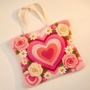 Pink Heart & Roses Latch Hook Tote - Romantic Floral Fiber Art Bag - Valentine Gift