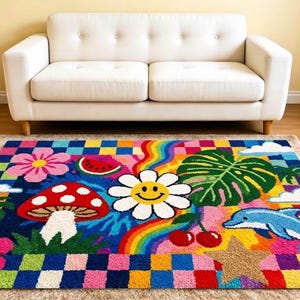 May include: A rectangular area rug featuring a vibrant, multi-colored design with a checkered border. The pattern includes a smiling daisy, a red mushroom, a blue dolphin, a green monstera leaf, cherries, a rainbow, and pink flowers.