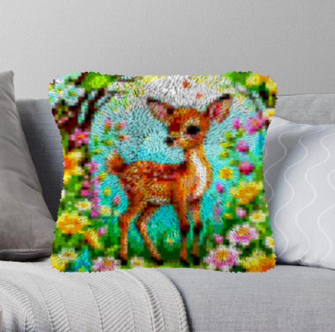 Deer Embroidery Latch Hook Pillow Kit – DIY Craft Kit For Beginners & Adults (17x17 Inch)
