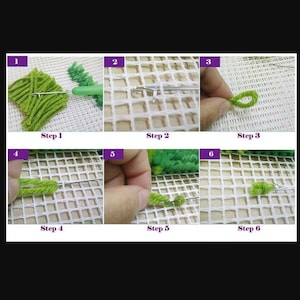 May include: A step-by-step guide on how to use a latch hook tool to create a loop knot with yarn on a mesh canvas. The steps are numbered 1 through 6.