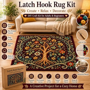 May include: A latch hook rug kit featuring a rectangular rug with a central tree of life design in shades of orange, yellow, and teal on a dark red background. The kit includes a cardboard box, yarn bundles, a latch hook tool, and pre-printed canvas.