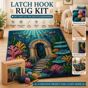 May include: A latch hook rug kit featuring a finished rug with an underwater scene of a stone archway, colorful coral, and fish. The kit includes balls of acrylic yarn, a pre-printed canvas, a latch hook tool, and a cardboard box with product text.
