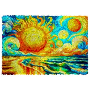 Stellar Splendor: Handgemachter Teppich mit Sonnen- und Mondillustrationen, ideales Geschenk für himmlische Träumer