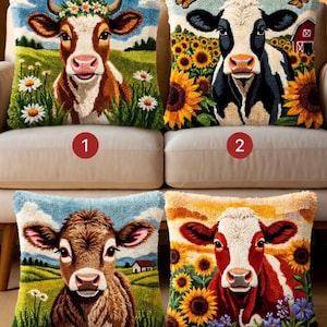 May include: Four decorative throw pillows with cow designs. Each pillow features a different cow illustration, surrounded by flowers and farm scenery. The pillows have a textured, embroidered appearance, with vibrant colors and detailed imagery.
