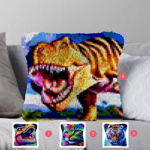 Kits de ganchillo con gancho Crea tu propio cojín Dinosaurio Lienzo preimpreso Funda de almohada de crochet Funda de cojín con gancho Pasatiempos y manualidades