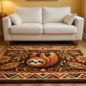 May include: A rectangular brown rug with a sloth design. The rug features a smiling sloth hanging from a branch, surrounded by floral and geometric patterns in shades of orange, green, and brown. The rug is placed in front of a white sofa.