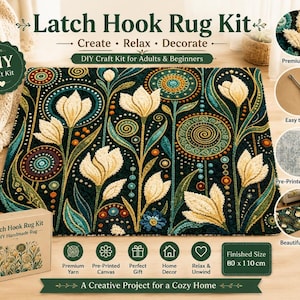 May include: A latch hook rug kit featuring a floral pattern with cream-colored tulips and circular motifs on a dark background. The kit includes pre-printed canvas, premium yarn, and a tool. The finished size is 80 x 110 cm. The box displays the kit name.