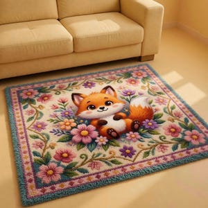 May include: A rectangular rug featuring a cartoon fox surrounded by flowers. The fox has orange fur, a white belly, and a fluffy tail. The rug has a cream background with pink, purple, and orange flowers, and a teal border.