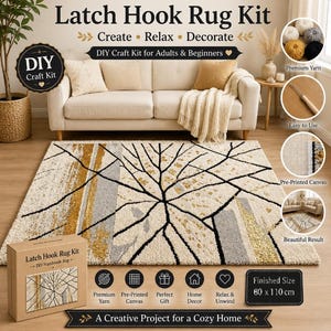 May include: A latch hook rug kit featuring a finished rug with a geometric pattern in cream, gold, and gray. The kit includes a cardboard box, pre-printed canvas, premium yarn, and a latch hook tool. The finished size is 80 x 110 cm.