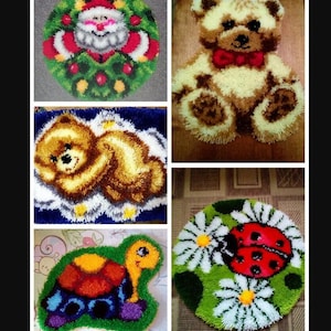 May include: A collage of five different rug designs. The designs include a Christmas wreath with Santa Claus, a brown teddy bear, a brown bear lying down, a ladybug on a flower, and a turtle.