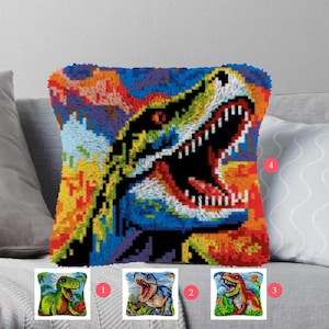 Kits de ganchillo con gancho para hacer tu propio cojín con diseño de dinosaurio, lienzo preimpreso, funda de almohada de ganchillo, funda de cojín con gancho para hacer aficiones y manualidades