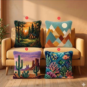 Forest Cabin Latch Hook Pillow Kit, Sunset Woods Tufted Cushion Cover, Boho Nature Craft