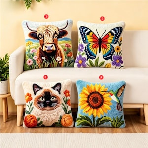 Latch Hook Pillow Kit: Highland Cow, Butterfly, Cat, Hummingbird Designs | Cottagecore Decor