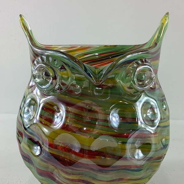 Hand Blown Multi-Colored Artistic Art Glass Dimpled Owl Vase