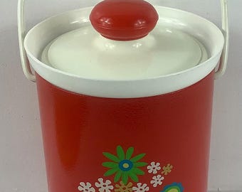 MCM Mid Century Modern Kromex Flower Power Ice Bucket w/Lid White Orange Floral