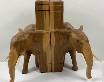 Hand Carved Wooden Elephant Bookends