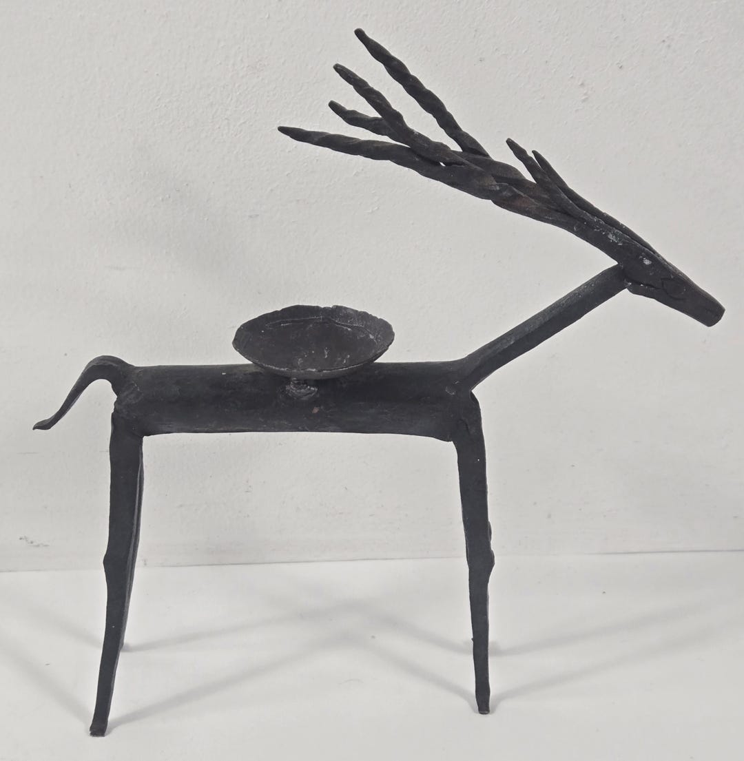 Vtg Handmade Brutalist Forged Iron Deer Antelope Gazelle Candle Holder ...