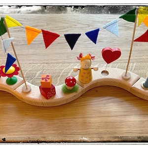 Birthday ring, candle, mushroom, gift, flower, balloon, Waldorf, plug-in figures, garland, wooden heart, princess, prince, flower bed, 4 elements