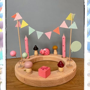 Birthday, birthday ring, birthday numbers, balloon, Waldorf, garland, girl, pink, gift, candles, mushrooms