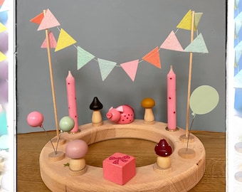 Birthday, birthday ring, birthday numbers, balloon, Waldorf, garland, girl, pink, gift, candles, mushrooms