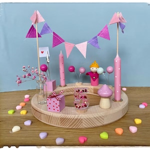 Verjaardagsring, Waldorf, ballon, prinses, bloemenmeisje, roze cadeau, paddenstoel, pastelkleurige slinger, kaarthouder, fotohouder, acryl