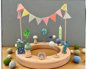 Verjaardagsring, Waldorf, ballon, bloemenmeisje, cadeau blauw/groen, paddenstoel mint, slinger pastel, kaarthouder, fotohouder, acryl