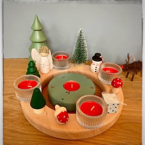 Adventsring, Adventskranz, Geburtstag, Geburtstagsring, Glas-Teelichthalter, Geburtstagskranz, Waldorf, Steckfiguren, Kerzen, 3er Set Pilze