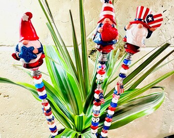 July 4th Patriotic Plant Stakes, Red White Blue Gnome Garden Stake, Suncatcher