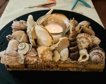 Seashell Candle Holder, handcrafted Coastal Decor, Beach Style, Fathers Day, Housewarming Gift