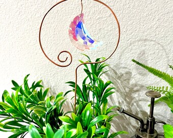Crystal Moon Copper Wire Plant Stake, Celestial Sun Catcher, Mothers Day, Birthday or Get Well Gift, Cut Glass Moon Charm, Handmade