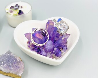 Amethyst and Lavender Quartz Heart Ring Dish, Engagement, Mothers Day Gift, Teacher Appreciation Gift, Small Ring Holder