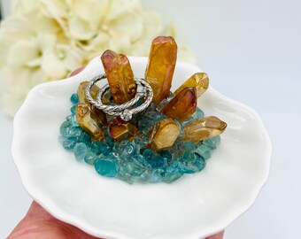 Seashell Ring Dish of Gold Aura Quartz with Apatite Crystals, Engagement, Mothers Day, Wedding Gift