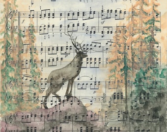 Stampa acquerello di alce nella foresta su spartito musicale