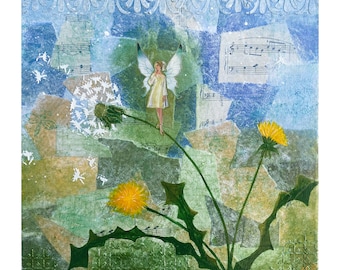 Stampa artistica di fata estiva: dipinto a tecnica mista di tarassaco (8x8)