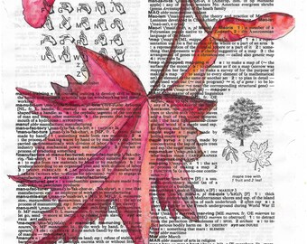 Stampa artistica ad acquerello di una foglia d'acero su una pagina del dizionario