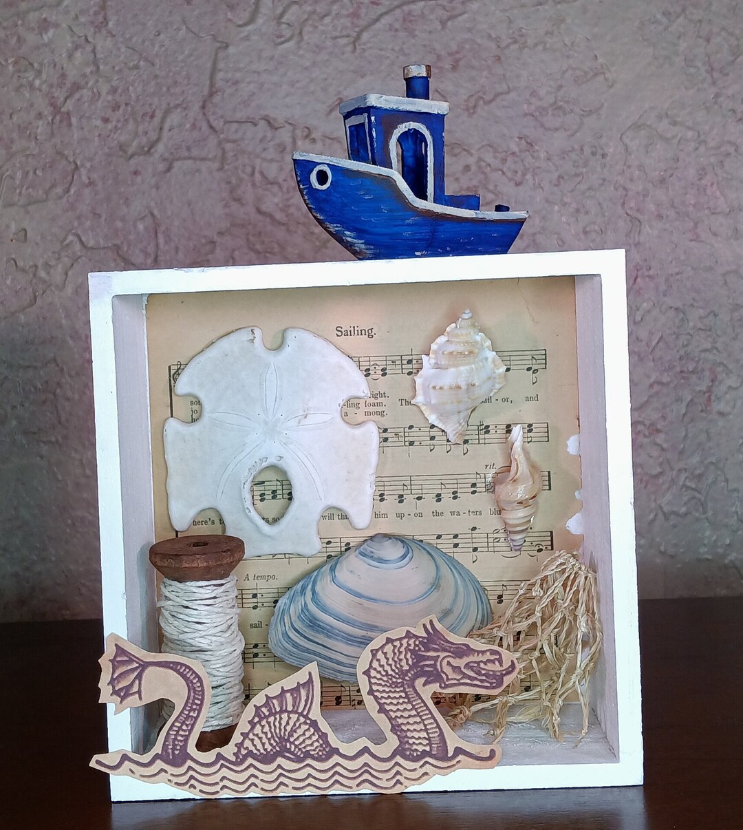 Seashell Diorama: Sea Monster & Tugboat Vacation Art - Etsy