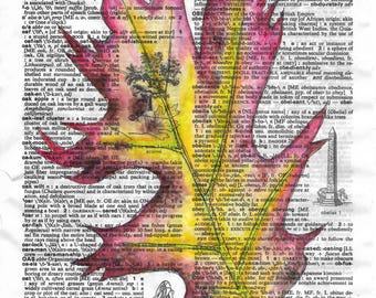 Stampa artistica ad acquerello di una foglia di quercia su una pagina del dizionario