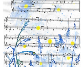 Stampa artistica di spartiti musicali ad acquerello di Firefly Meadow