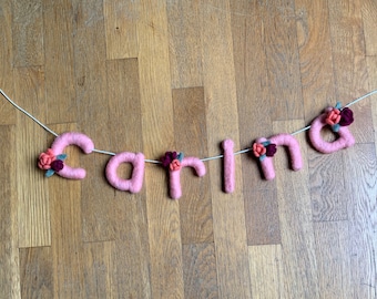 Floral Needle Felted Personalized Name Banner Garland for Baby Nursery or Kids’ Room