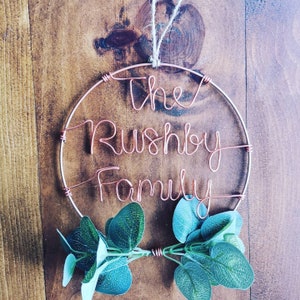 Wire word hoop family name hanging sign personalised wreath wall decoration with eucalyptus leaves boho decor quote sign wedding gift